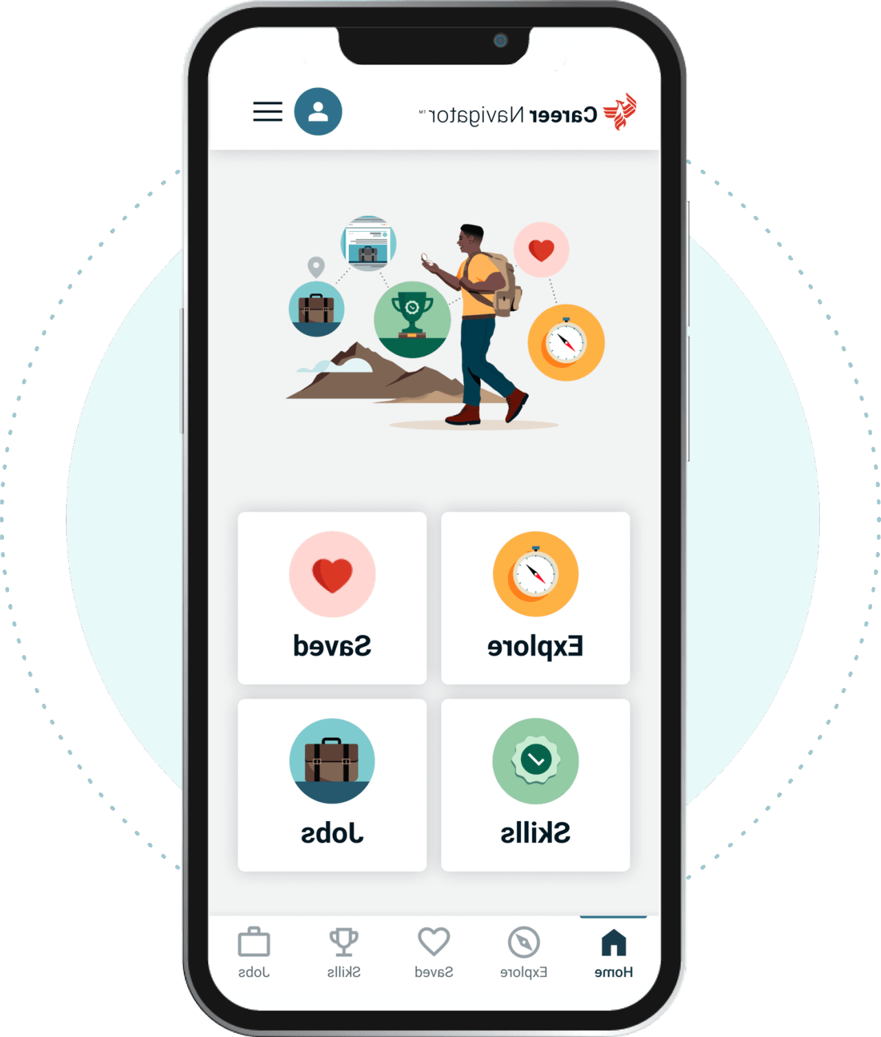 Mobile phone displaying career navigator tools for Explore, Saved, Skills, and Jobs